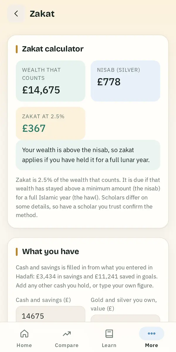 The zakat calculator showing wealth that counts, the silver nisab and zakat at 2.5%.